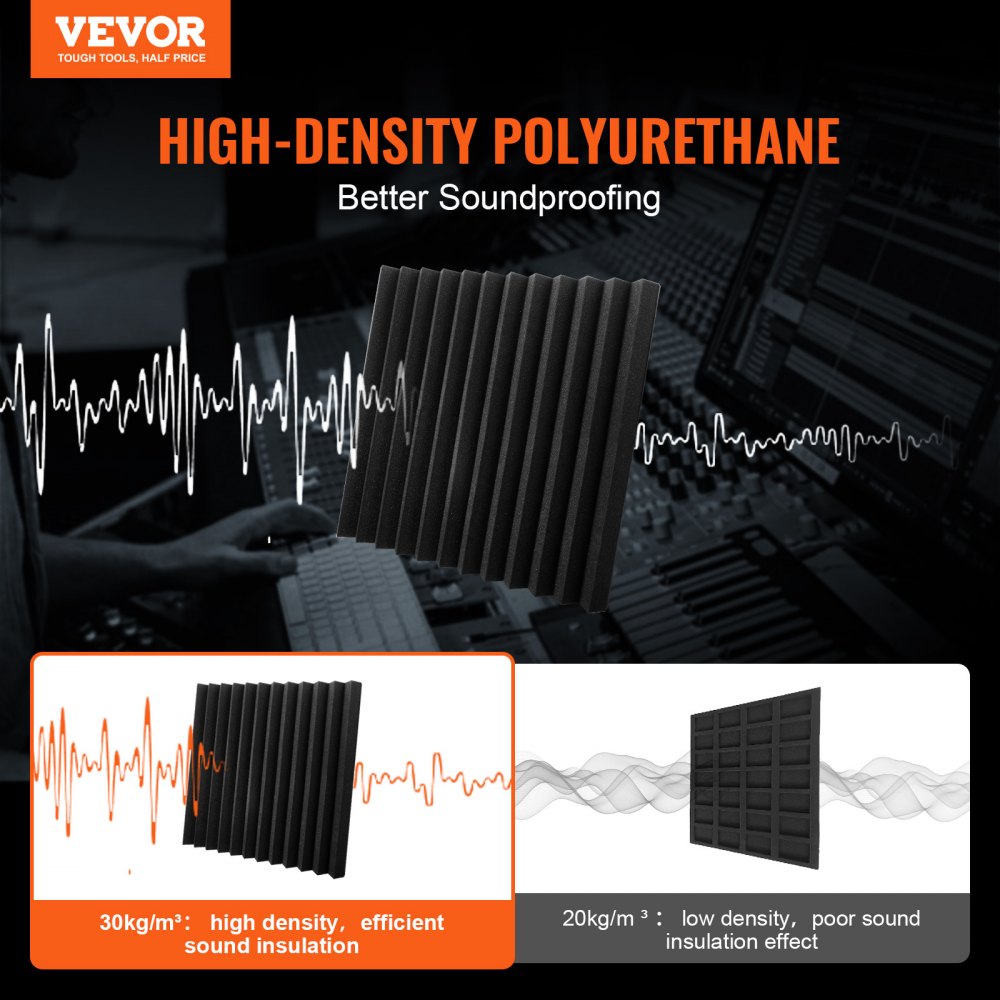 Black self-adhesive acoustic foam panels in a 24-pack, each measuring 12x12x2 inches.