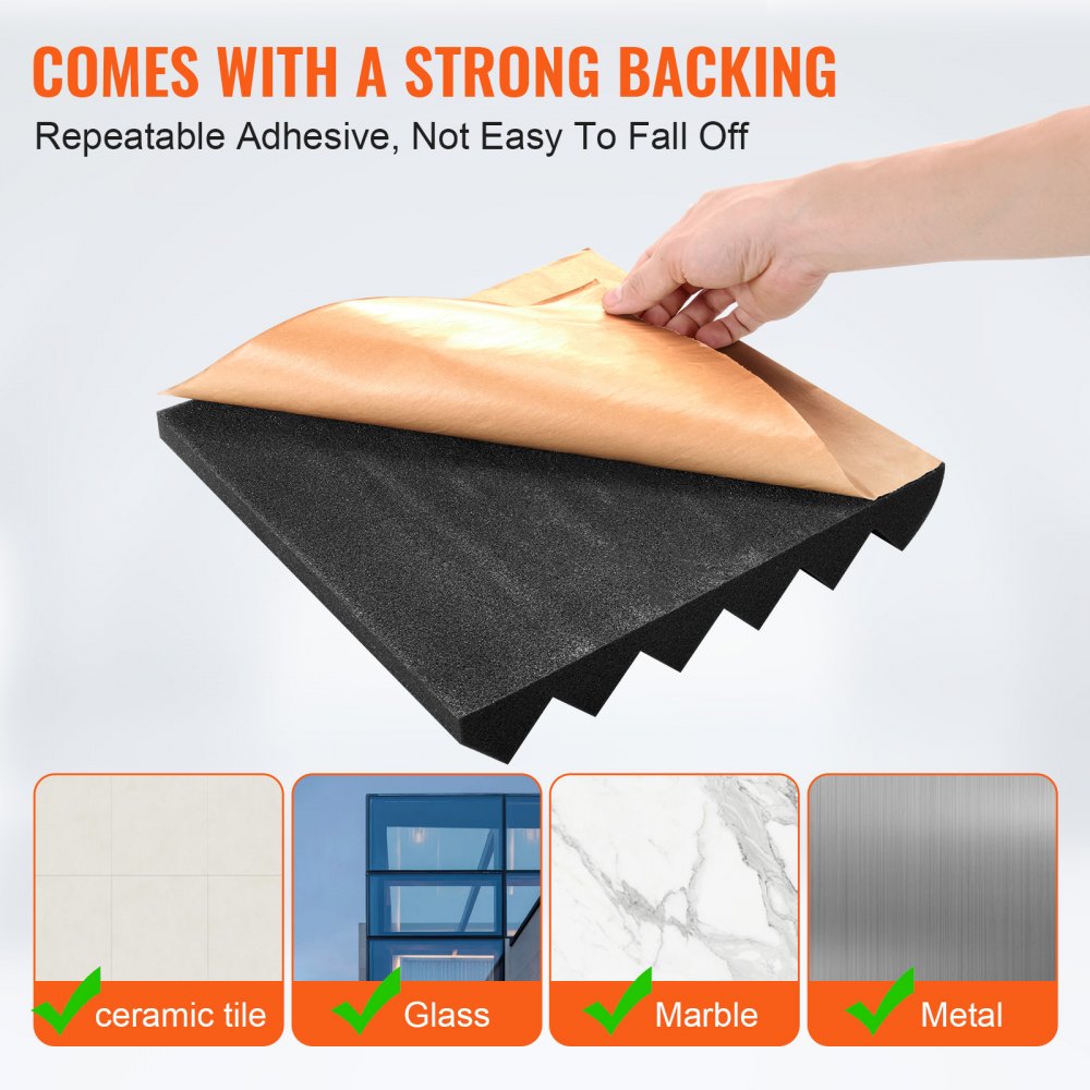Black self-adhesive acoustic foam panels, 12x12x2 inches, in a 24-pack for sound absorption.