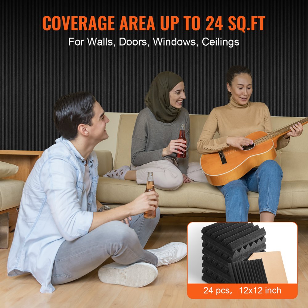 Black self-adhesive acoustic foam panels in a 24-pack, each measuring 12x12x2 inches.