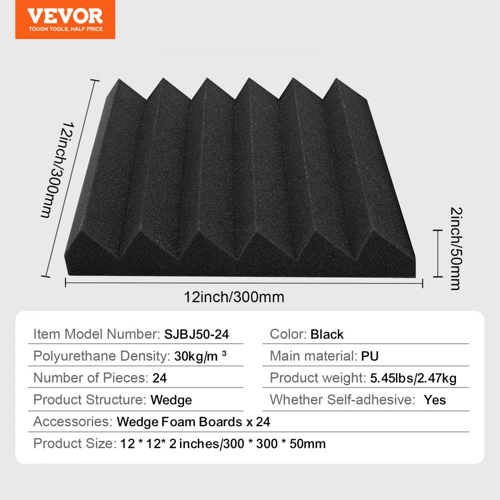 Black self-adhesive acoustic foam panels, 12x12x2 inches, in a 24-pack for sound absorption.