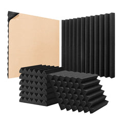 Black self-adhesive acoustic foam panels, 12x12x2 inches, in a 24-pack for sound absorption.
