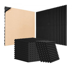 Pack of 48 black self-adhesive acoustic foam panels, 12x12x1 inches, in wedge and flat designs.