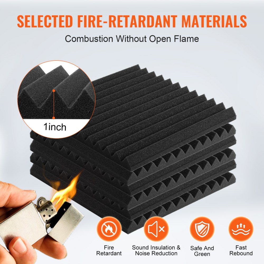 Stack of 48 black 1-inch thick acoustic foam panels, 12x12 inches each, self-adhesive, fire-retardant.