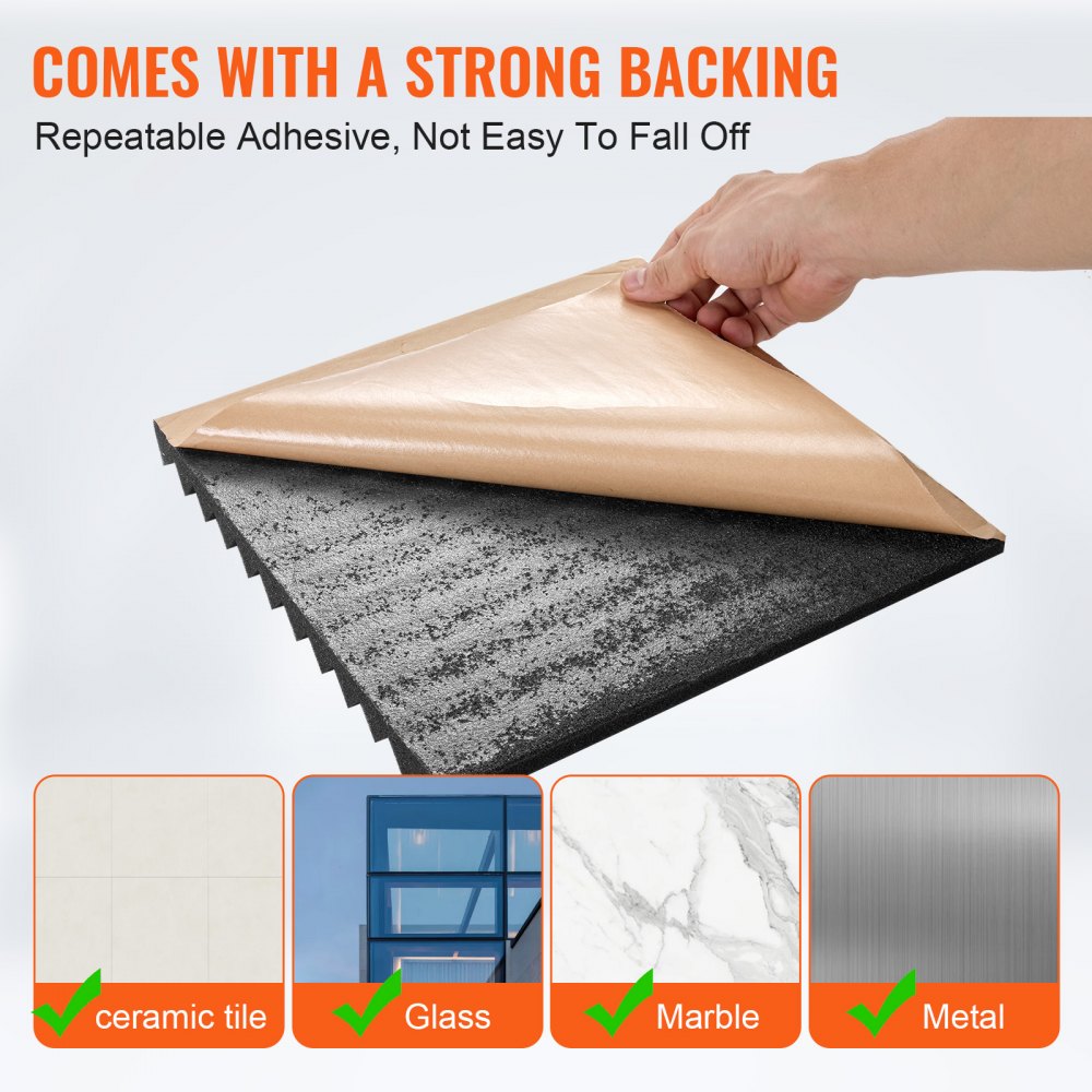 Hand peeling adhesive acoustic foam panel with textured black surface and brown backing paper.