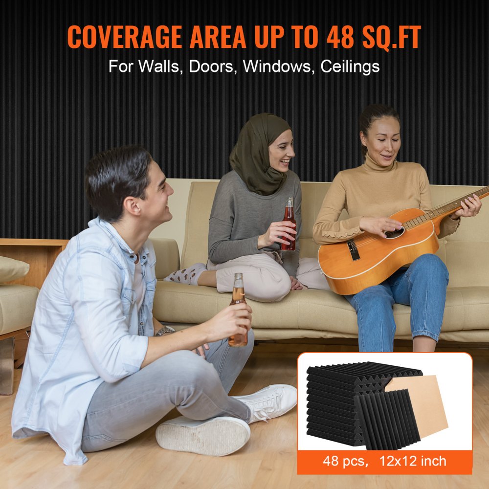 A pack of 48 black self-adhesive acoustic foam panels, each 12x12x1 inches, shown with people in a room.
