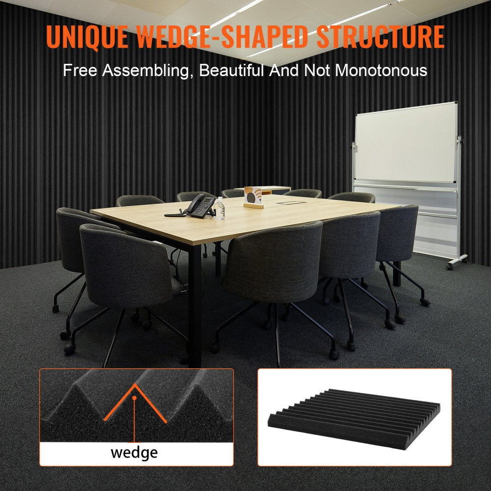 Pack of 48 self-adhesive wedge-shaped acoustic foam panels, 12x12x1 inches, shown installed in a modern office.