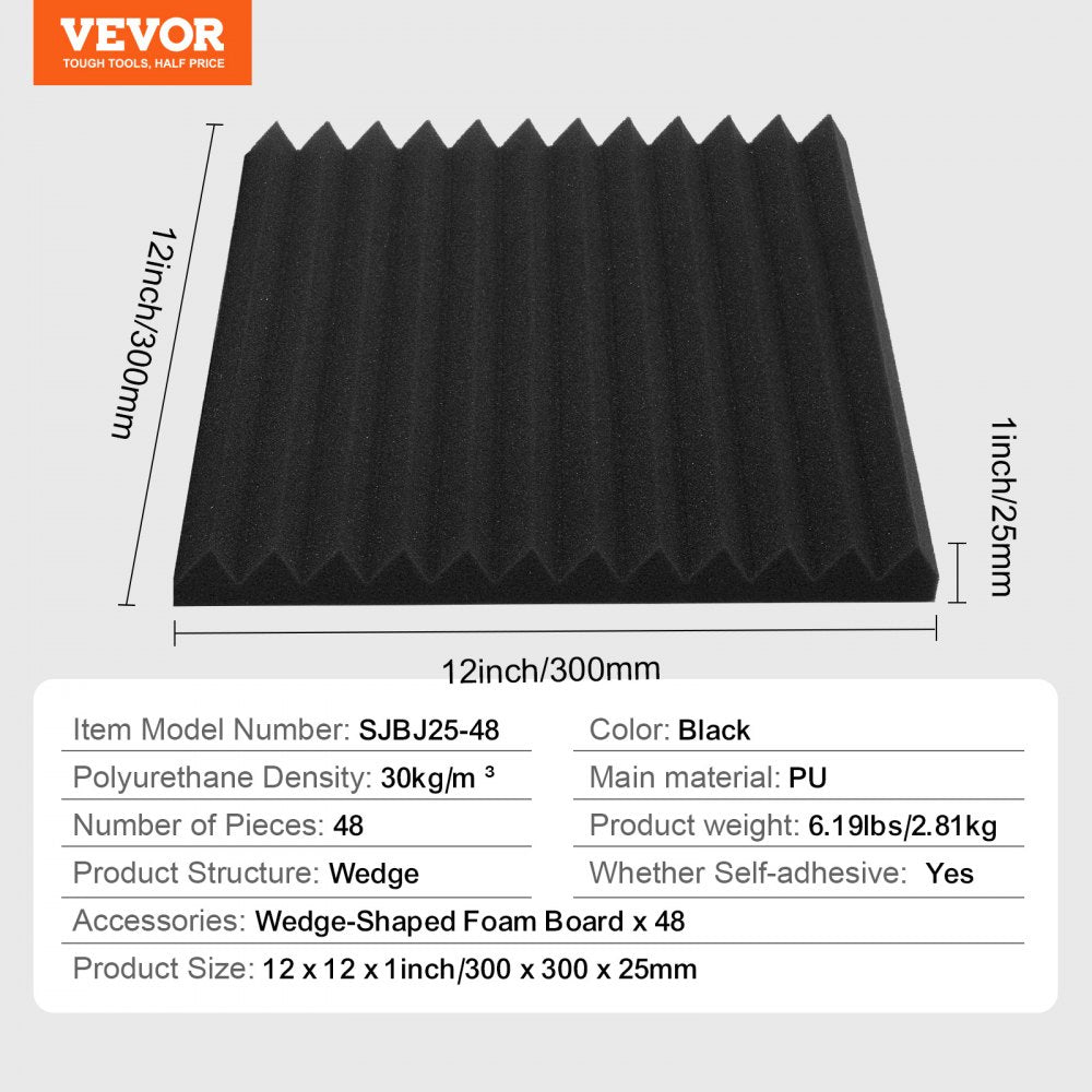 Pack of 48 black self-adhesive wedge-shaped acoustic foam panels, each 12x12x1 inches.