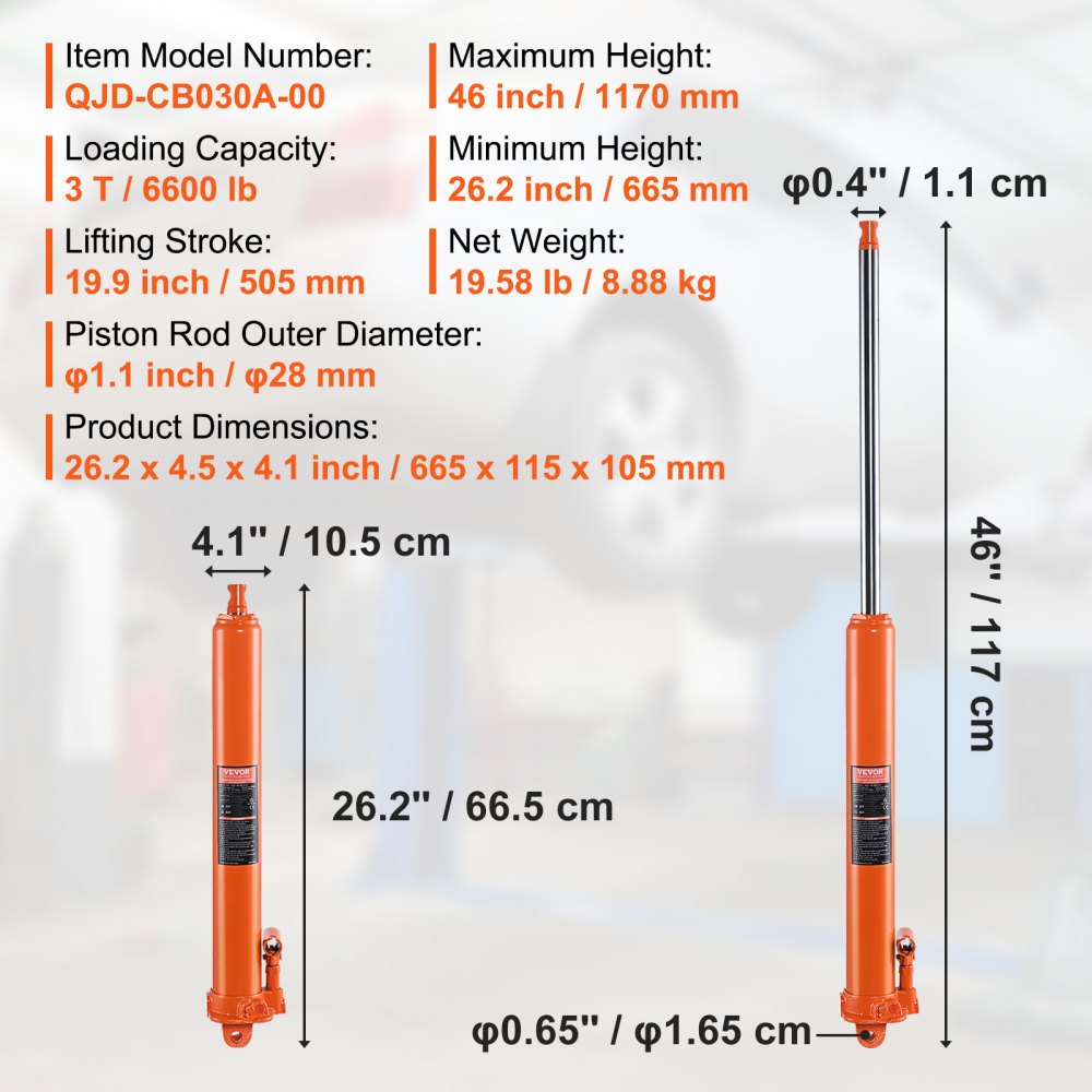 Hydraulic Long Ram Jack 3Ton Clevis Base Engine Hoist Cylinder Single Pump