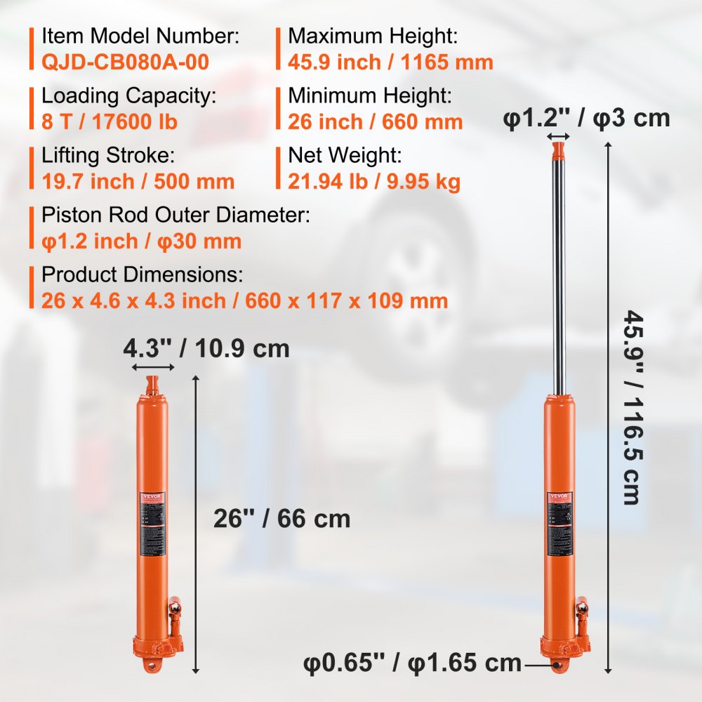 Hydraulic Long Ram Jack 8Ton Clevis Base Engine Hoist Cylinder Single Pump
