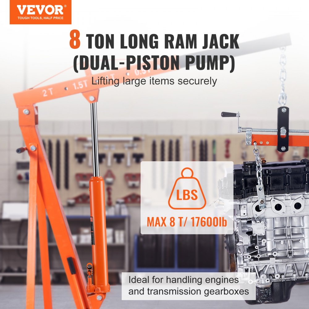 Hydraulic Long Ram Jack 8 Ton Clevis Base Engine Hoist Cylinder Dual Pump