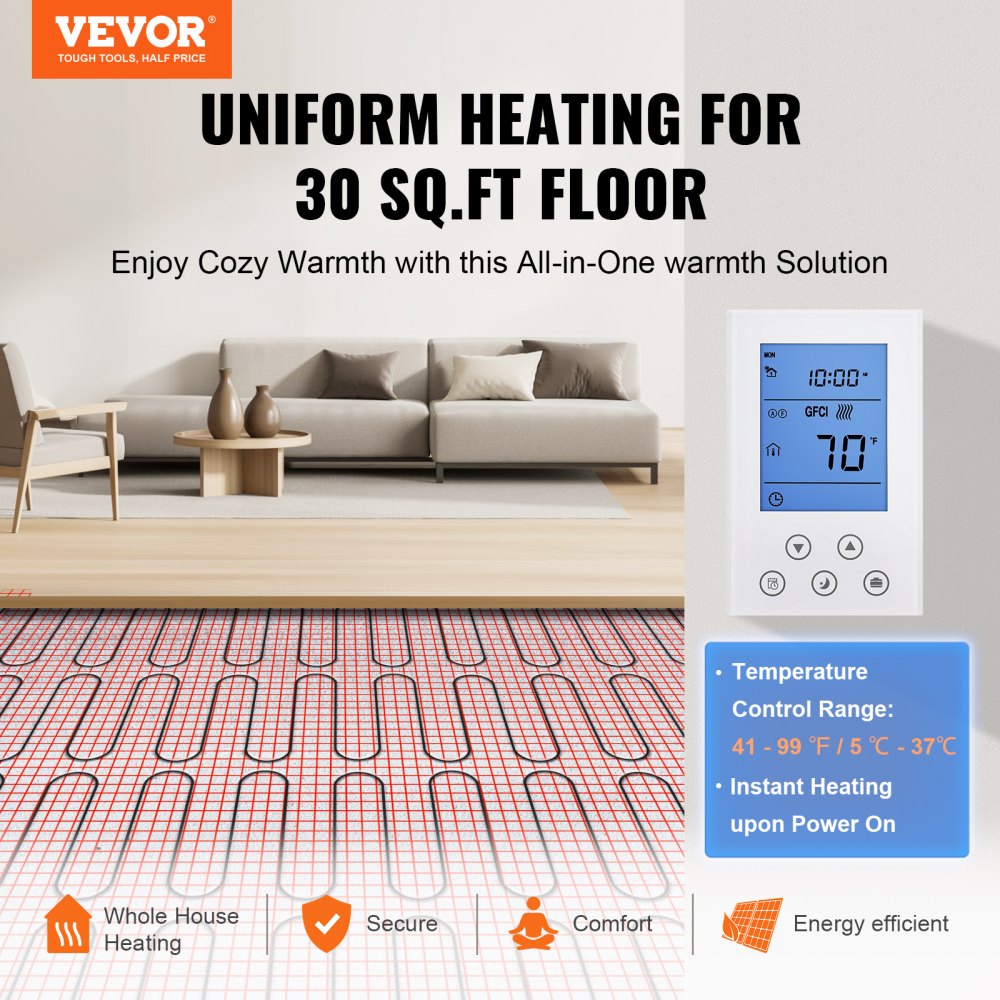 Electric radiant floor heating mat with thermostat for 30 sq.ft. area coverage.