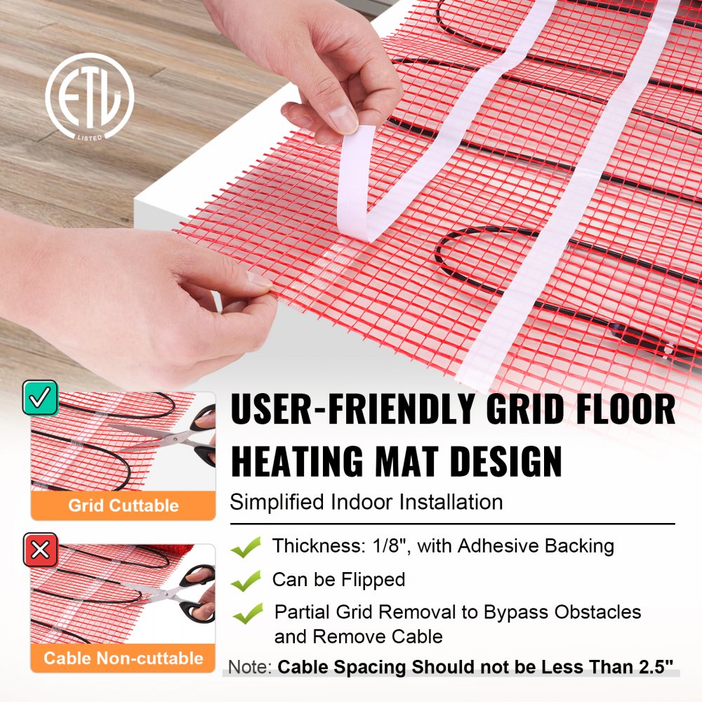 Electric radiant floor heating mat with thermostat for 30 sq.ft. area and uniform warmth.