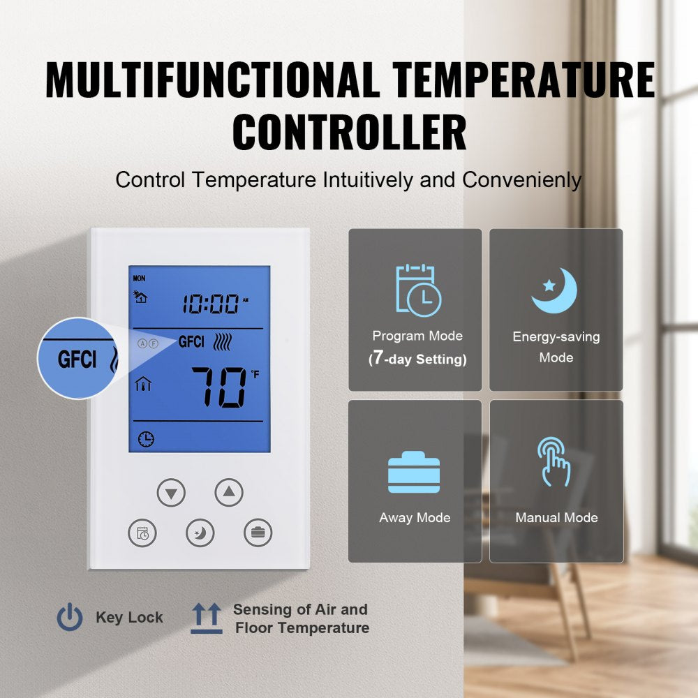 Electric radiant floor heating mat with thermostat for even warmth and easy installation.