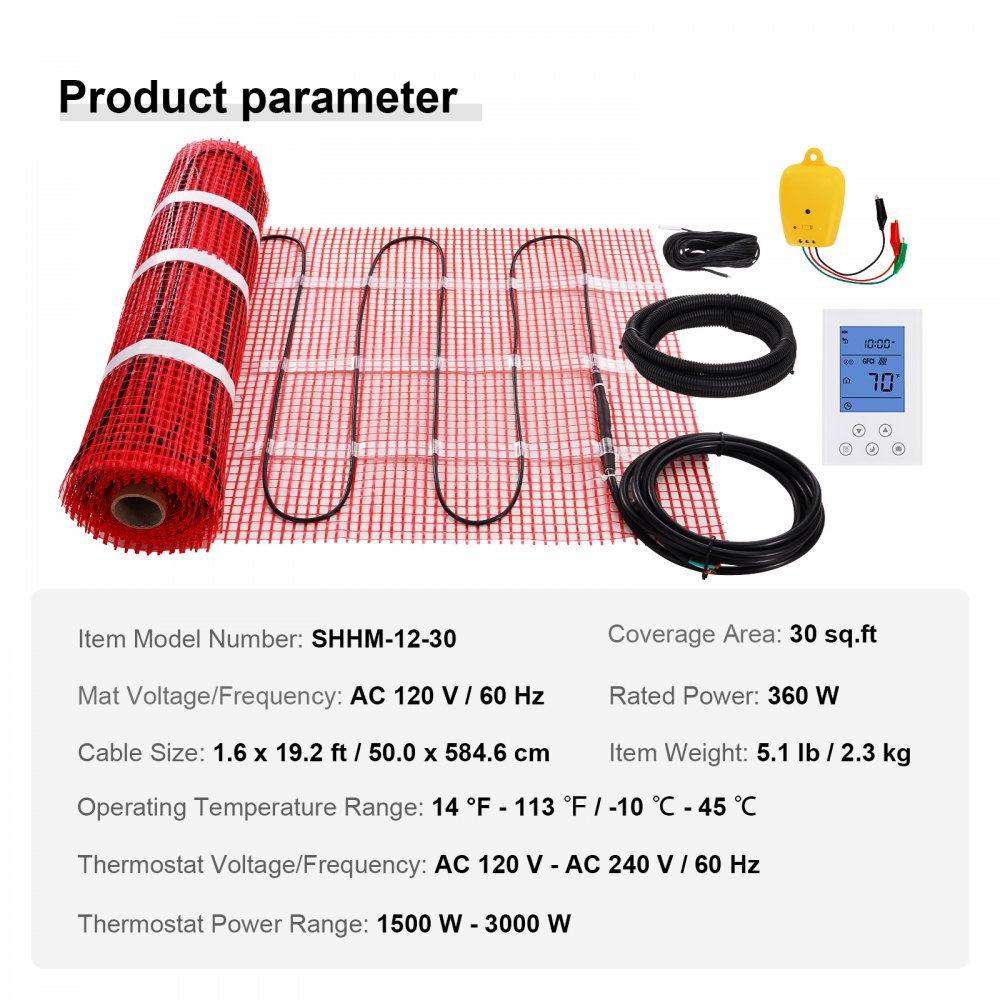 Electric radiant floor heating mat with thermostat for 30 sq.ft. area coverage.