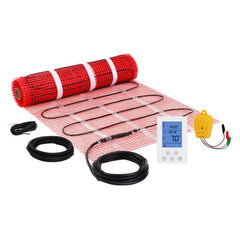 Electric radiant floor heating mat with thermostat for 30 sq.ft. area and easy installation.