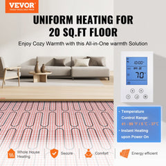 Floor Heating Mat, 20 Sq. ft, Electric Radiant In-Floor Heated Warm System with Digital Floor Sensing Thermostat, Includes Installation Monitor, Adhesive Back for Easy Installation on The Floor