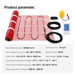 Floor Heating Mat, 10 Sq.ft, Electric Radiant In-Floor Heated Warm System with Digital Floor Sensing Thermostat, Includes Installation Monitor, Adhesive Back for Easy Installation on The Floor