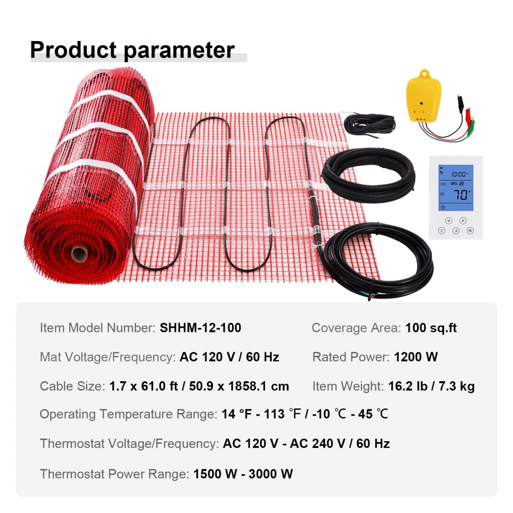 Electric floor heating mat for 100 sq ft with thermostat, cables, and control unit.