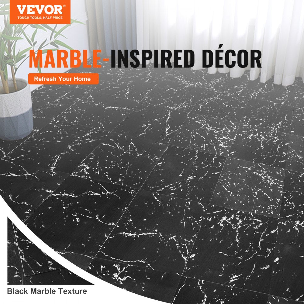 Self Adhesive Vinyl Floor Tiles 12 x 12 inch, 50 Tiles 1.5mm Thick Peel & Stick, Black Marble Texture DIY Flooring for Kitchen, Dining Room, Bedrooms & Bathrooms, Easy for Home Decor