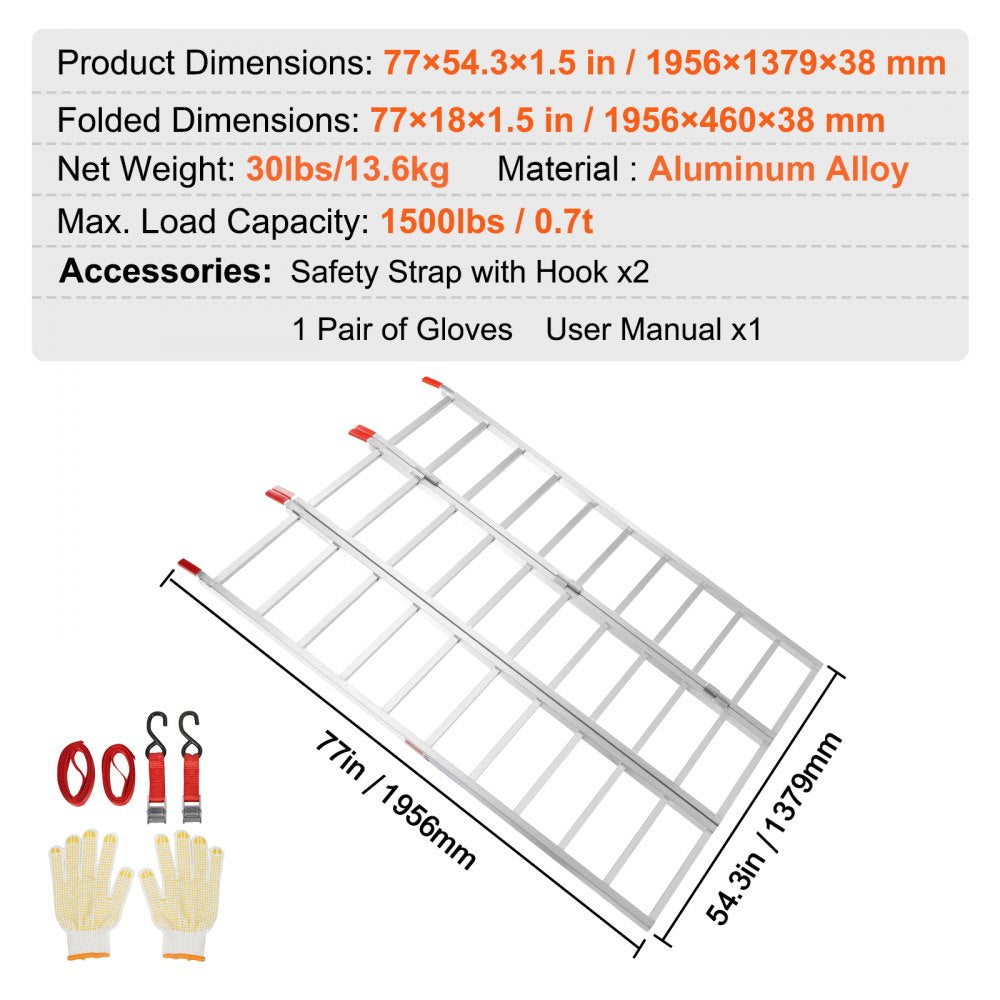 Tri-Fold Aluminum Loading Ramp 1500 lbs 77" x 54" for Tractors ATVs UTVs