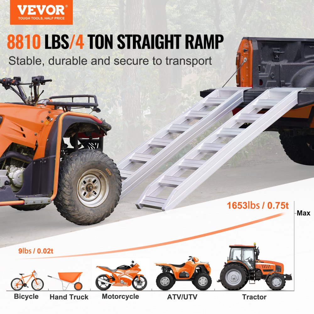 Aluminum Ramps, 8810 lbs, Heavy-duty Ramps with Top Hook Attaching End, Universal Loading Ramp for Motorcycle, Tractor, ATV/UTV, Trucks, Lawn Mower, 72"L x 15"W, 2Pcs