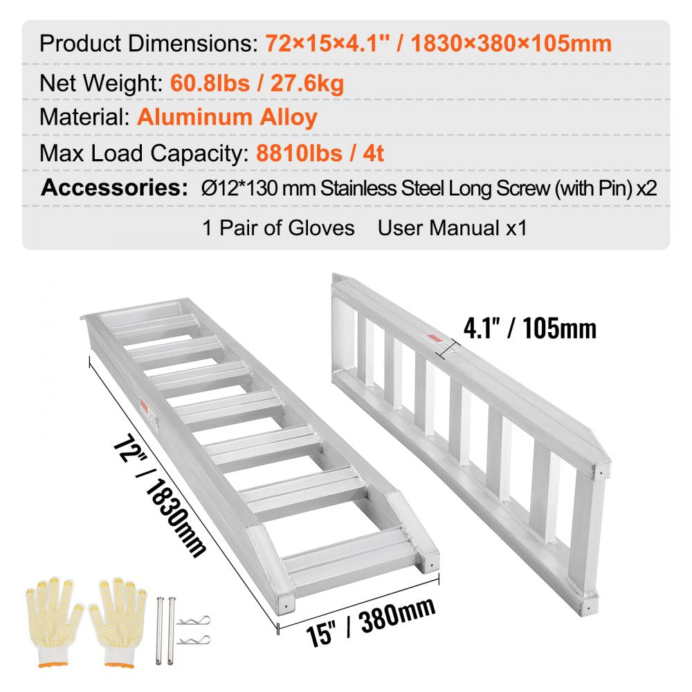 Aluminum Ramps, 8810 lbs, Heavy-duty Ramps with Top Hook Attaching End, Universal Loading Ramp for Motorcycle, Tractor, ATV/UTV, Trucks, Lawn Mower, 72"L x 15"W, 2Pcs