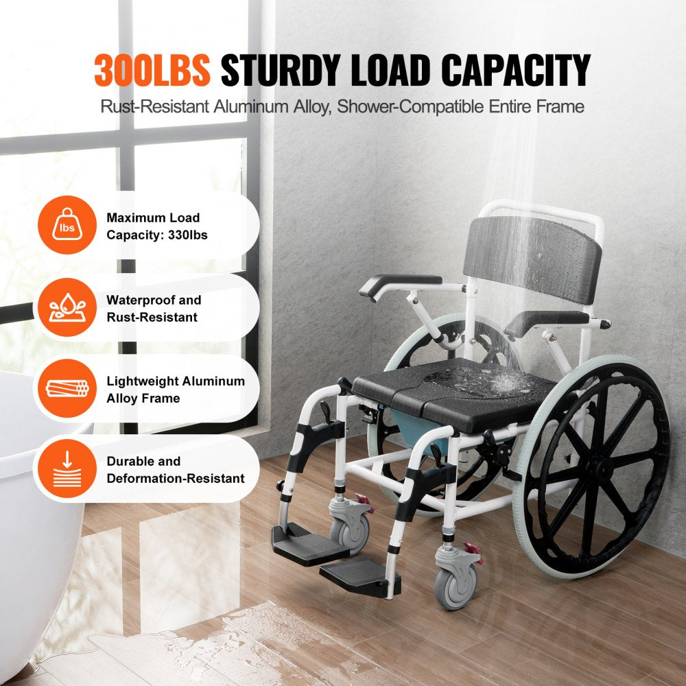Shower Wheelchair 17.5in Al Alloy Commode Bathroom Wheelchair for Disabled