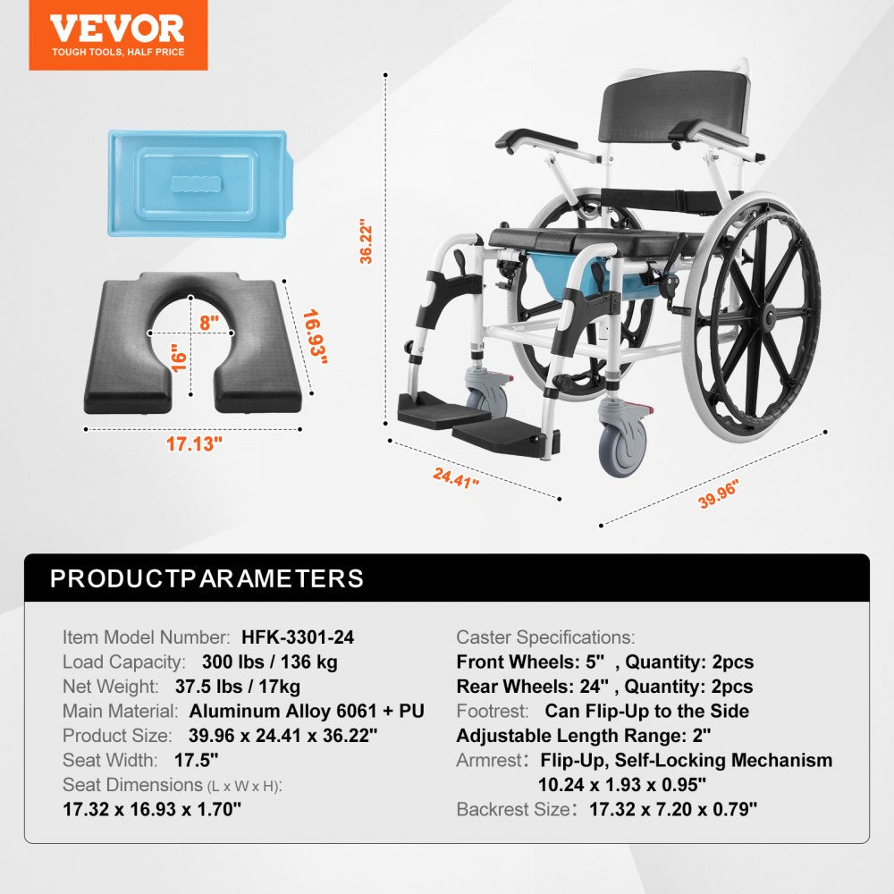 Shower Wheelchair 17.5in Al Alloy Commode Bathroom Wheelchair for Disabled