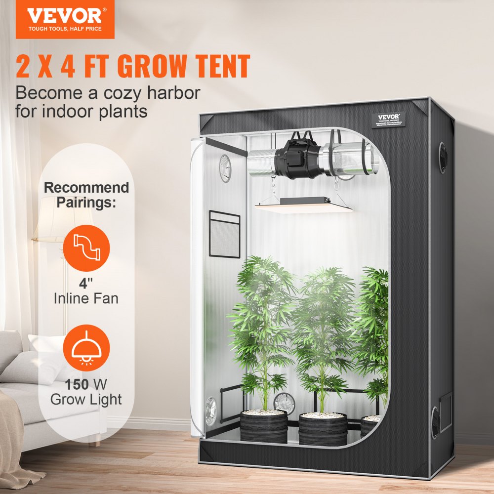 2x4 Grow Tent, 48`` x 24`` x 72``, High Reflective 2000D Mylar Hydroponic Growing Tent with Observation Window, Tool Bag and Floor Tray for Indoor Plants Growing
