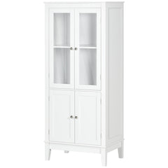Bathroom Floor Cabinet with 2 Storage Cabinets, Tempered Glass Door, Freestanding Linen Tower with Adjustable Shelves for Living Room, White