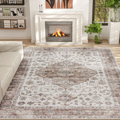 8x10 Area Rug, Vintage Machine Washable Rug, Non-Slip Floor Carpet for Living Room, Bedroom, Dining Room, Tan