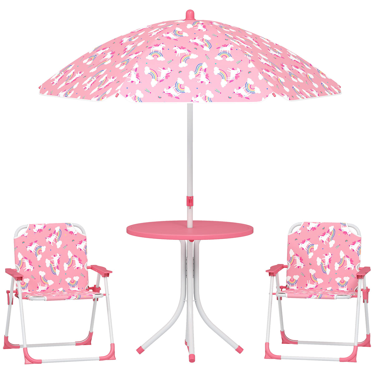 Qaba Kids Picnic Table, Kids Table and Chair Set with 2 Folding Chairs and Umbrella for Backyard, Garden, Patio, Pink