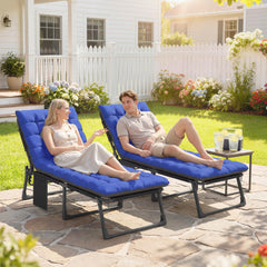 Folding Chaise Lounge Chair Outdoor Tanning Chair Set of 2 with 5-Position Backrest, Cushions, Side Pocket, Gray/Blue