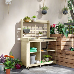 Wooden Potting Bench with Storage, Sink, Water Tap for Backyard, Patio, Balcony, Natural