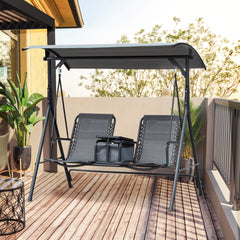 2 Person Porch Swing with Canopy, Storage Table, Cup Holder, Gray