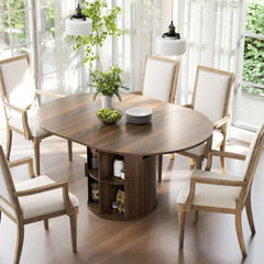 Extendable Dining Table for 6, 60" Farmhouse Kitchen Table with 2-Tier Storage Shelf and Fluted Sliding Doors, Walnut