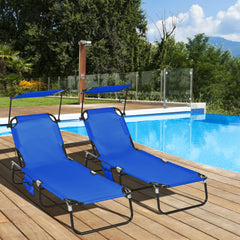 Pool Chaise Lounge Chairs Set of 2, Folding Lounge Chairs with Sunshade, Reclining Back, Steel Frame, Blue