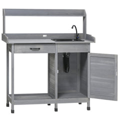 Potting Bench Table with Sink, Outdoor Work Bench Table with Storage Cabinet, Hooks, Removable Sink, Faucet and Drawer for Greenhouse, Garden, Patio, Gray