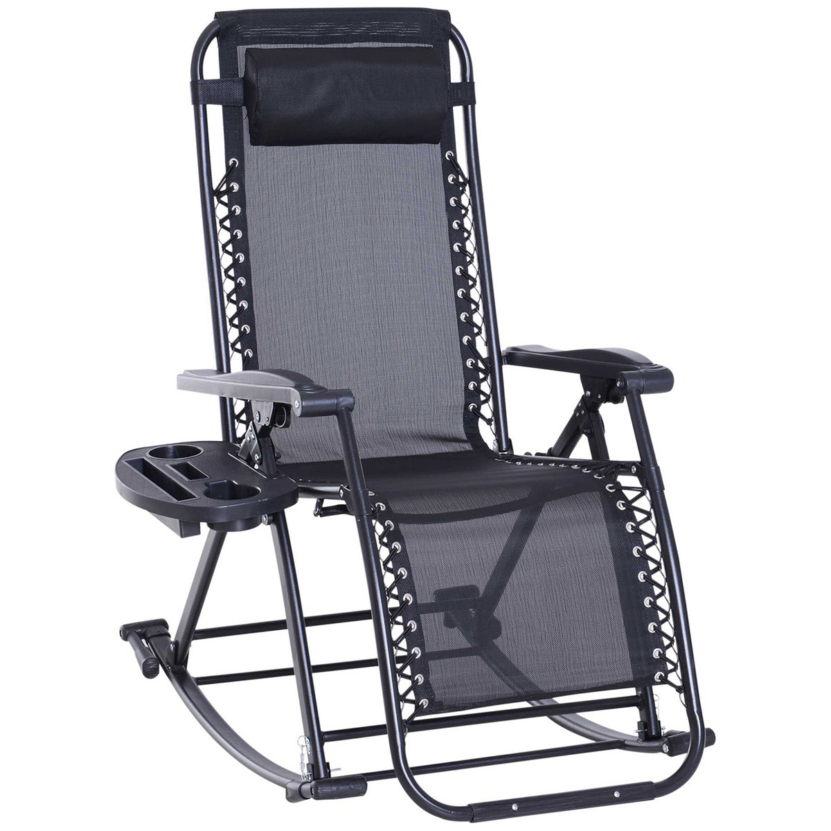 Outdoor Rocking Chairs, Foldable Reclining Zero Gravity Lounge Rocker with Pillow, Cup & Phone Holder, Combo Design with Folding Legs, Black