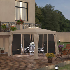 10' x 10' Patio Gazebo, Aluminum Frame Double Roof Outdoor Gazebo Canopy Shelter with Netting & Curtains, for Garden, Lawn, Backyard and Deck, Khaki