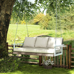 3 Person Wicker Hanging Outdoor Patio Porch Swing Bench with Cup Holders, Cushions, and Chains, Natural