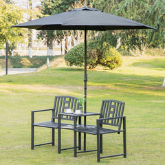 Metal Garden Bench with Middle Table and Umbrella Hole, 2-in-1 Double Patio Chairs, Outdoor 2-person Tete-a-Tete, Slatted, Black