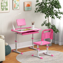 Kids Desk and Chair Set with USB Light, Storage Drawer, Pink