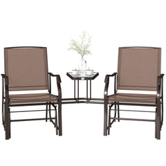 Outdoor Glider Chairs with Coffee Table, Patio 2-Seat Rocking Chair Swing Loveseat with Breathable Sling for Backyard, Garden, and Porch, Coffee Brown