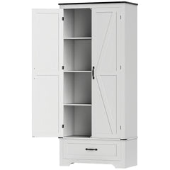 72" Farmhouse Pantry Cabinet with Adjustable Shelves, Kitchen Pantry Cabinet with 2 Doors, Distressed White