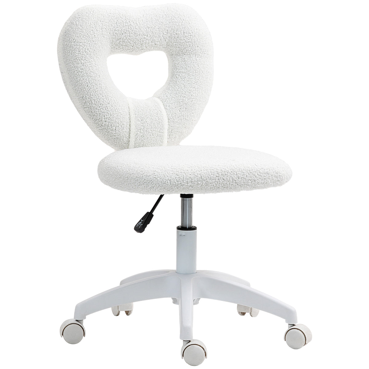 Armless Computer Desk Chair, Office Task Chair, Teddy Fleece Heart Makeup Vanity Chair with Swivel Wheels, White