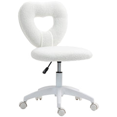 Armless Computer Desk Chair, Office Task Chair, Teddy Fleece Heart Makeup Vanity Chair with Swivel Wheels, White