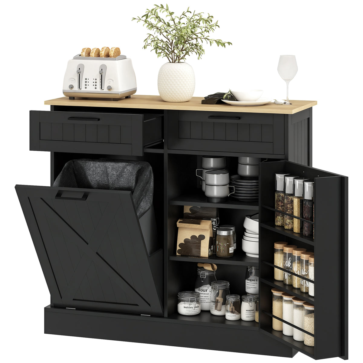 10 Gallon Farmhouse Kitchen Cabinet with Hidden Trash Can and 2 Drawers, Tilt Out Trash Can Cabinet for Kitchen, Black