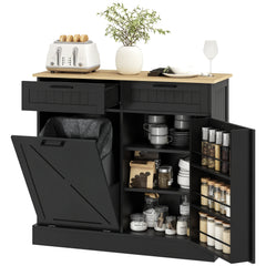 10 Gallon Farmhouse Kitchen Cabinet with Hidden Trash Can and 2 Drawers, Tilt Out Trash Can Cabinet for Kitchen, Black