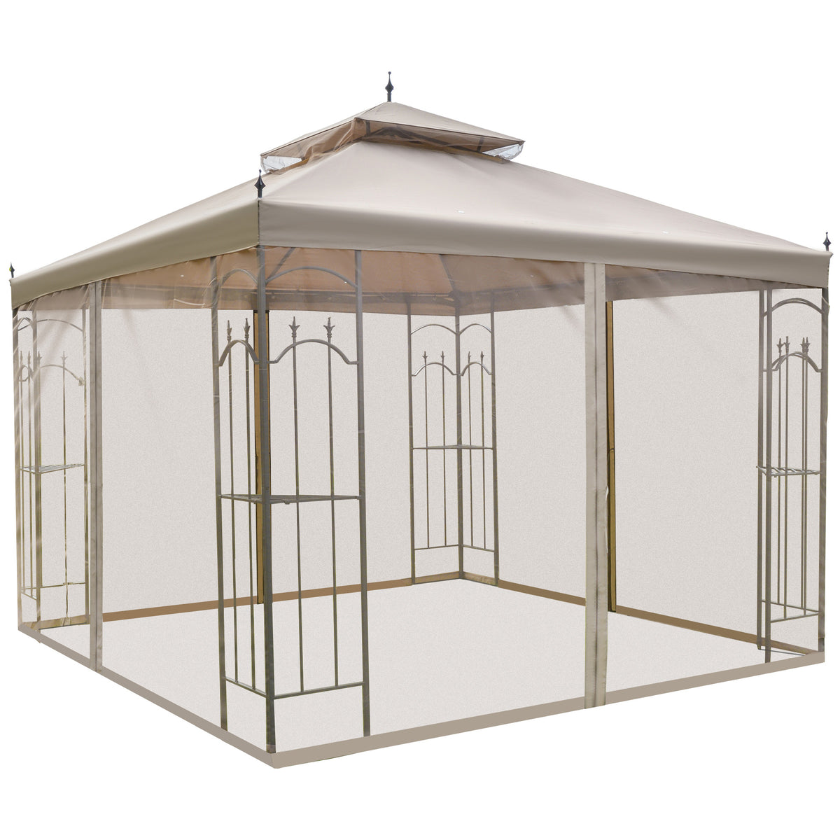 10' x 10' Patio Gazebo with Corner Frame Shelves, Double Roof Outdoor Gazebo Canopy Shelter with Netting for Patio, Wedding, Catering & Events, Brown